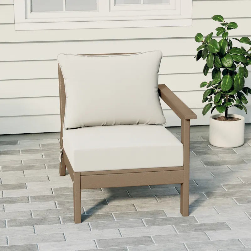 Polytrends Birchwood All Weather HDPE Outdoor Patio Deep Seating Weathered Wood Right Arm Facing Chair With Cushions (1-Piece)