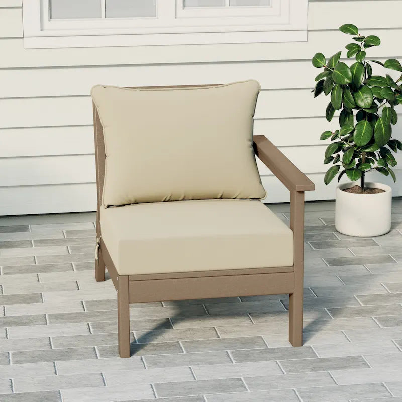 Polytrends Birchwood All Weather HDPE Outdoor Patio Deep Seating Weathered Wood Right Arm Facing Chair With Cushions (1-Piece)