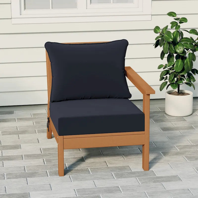 Polytrends Birchwood All Weather HDPE Outdoor Patio Deep Seating Teak Right Arm Facing Chair With Cushions (1-Piece)