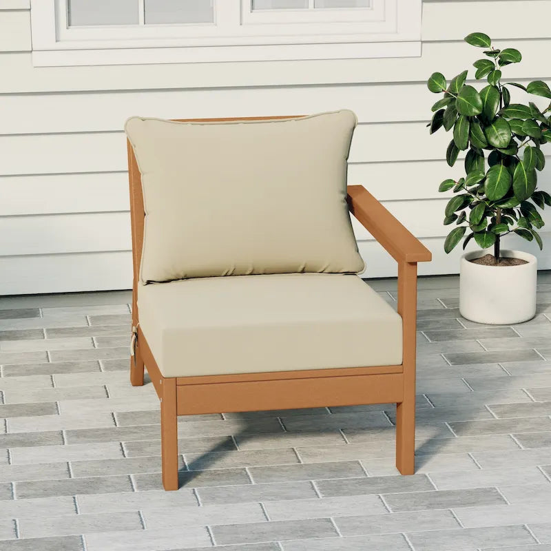 Polytrends Birchwood All Weather HDPE Outdoor Patio Deep Seating Teak Right Arm Facing Chair With Cushions (1-Piece)