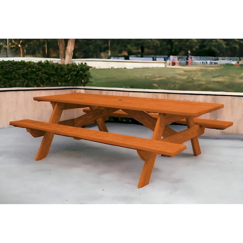 HomeRoots 94  Redwood Solid Wood Outdoor Picnic Table with Umbrella Hole