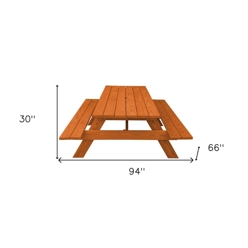 HomeRoots 94  Redwood Solid Wood Outdoor Picnic Table with Umbrella Hole