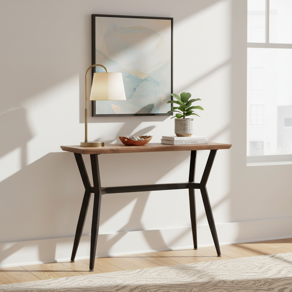 Mid-Century Wood Console Table with Black Metal Frame – Brown / Black
