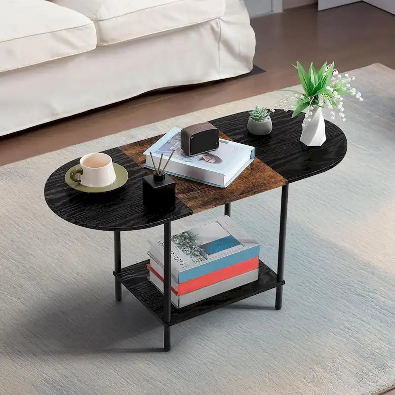 Mid-Century Oval Coffee Table w/2-Tier Storage for Small Spaces