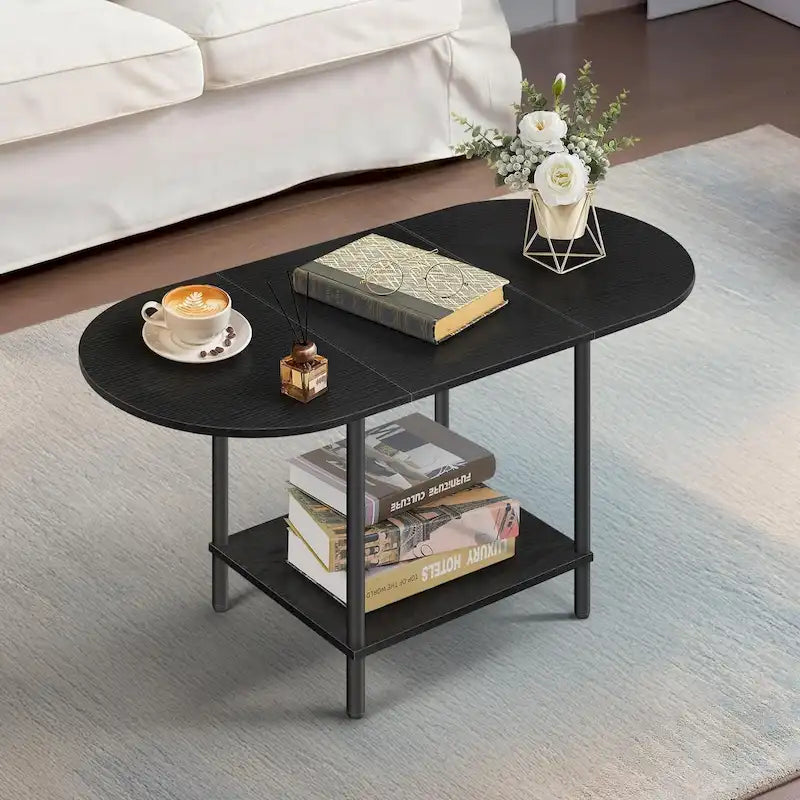 Mid-Century Oval Coffee Table w/2-Tier Storage for Small Spaces