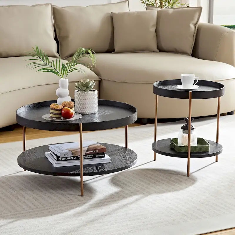 2-Piece Modern 2-Tier Round Multifunctional Coffee Table with Stainless Steel Legs, Ideal for Living Room, Bedroom, and Balcony