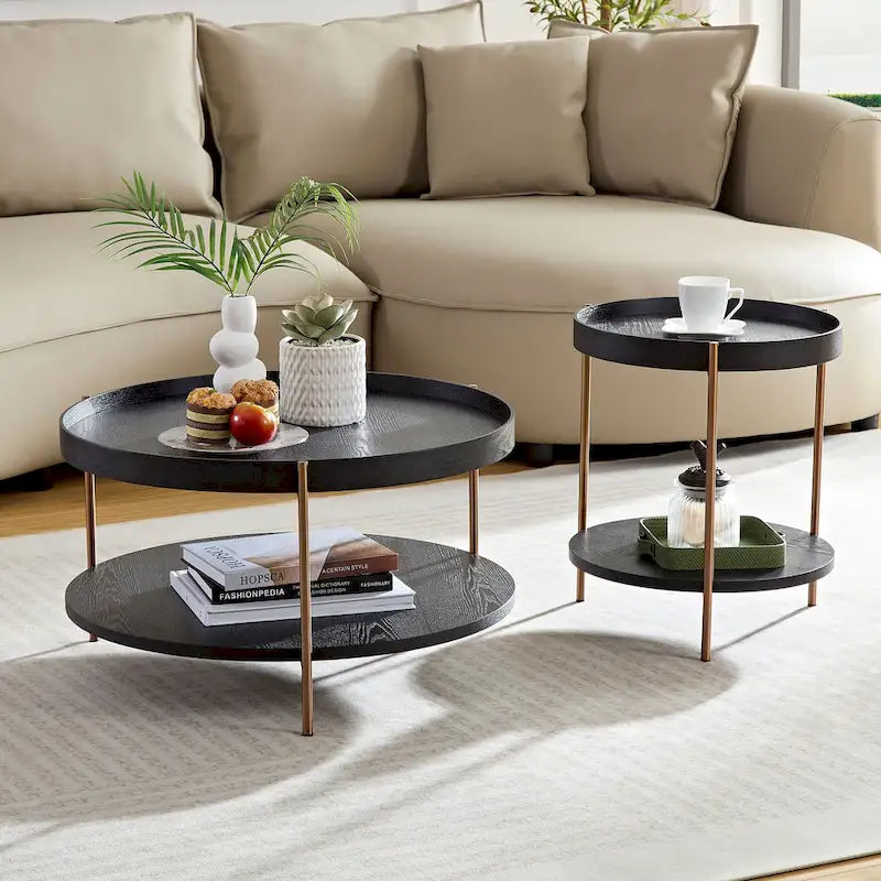 2-Piece Modern 2-Tier Round Multifunctional Coffee Table with Stainless Steel Legs, Ideal for Living Room, Bedroom, and Balcony