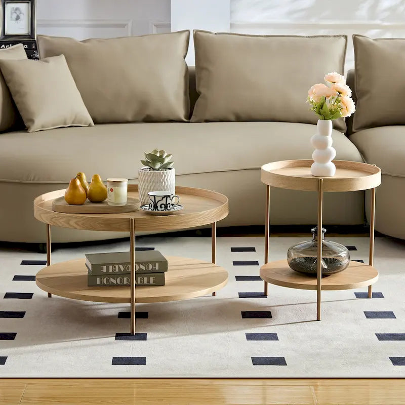 2-Piece Modern 2-Tier Round Multifunctional Coffee Table with Stainless Steel Legs, Ideal for Living Room, Bedroom, and Balcony