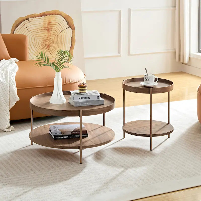 2-Piece Modern 2-Tier Round Multifunctional Coffee Table with Stainless Steel Legs, Ideal for Living Room, Bedroom, and Balcony