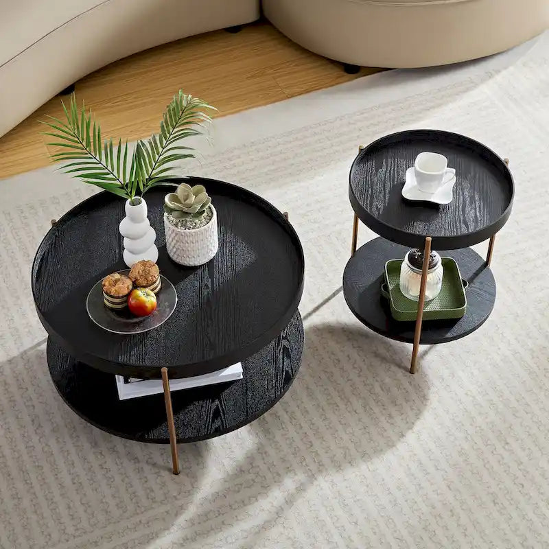 2-Piece Modern 2-Tier Round Multifunctional Coffee Table with Stainless Steel Legs, Ideal for Living Room, Bedroom, and Balcony