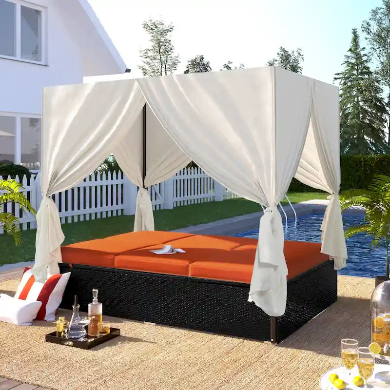 Outdoor Patio Wicker Sunbed Daybed with Cushions and Adjustable Seats