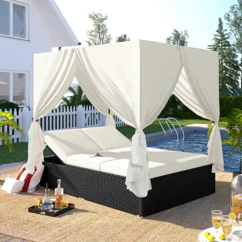 Outdoor Patio Wicker Sunbed Daybed with Cushions and Adjustable Seats