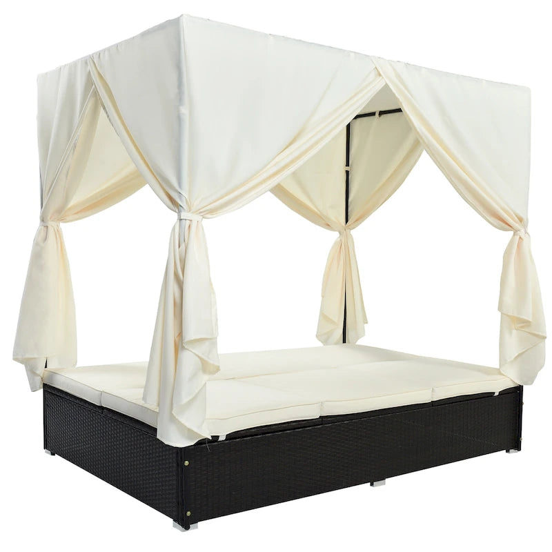 Outdoor Patio Wicker Sunbed Daybed with Cushions and Adjustable Seats