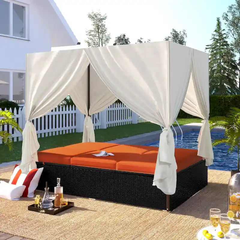 Outdoor Patio Wicker Sunbed Daybed with Cushions and Adjustable Seats