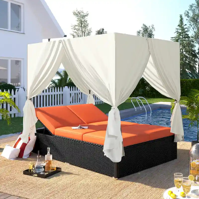 Outdoor Patio Wicker Sunbed Daybed with Cushions and Adjustable Seats