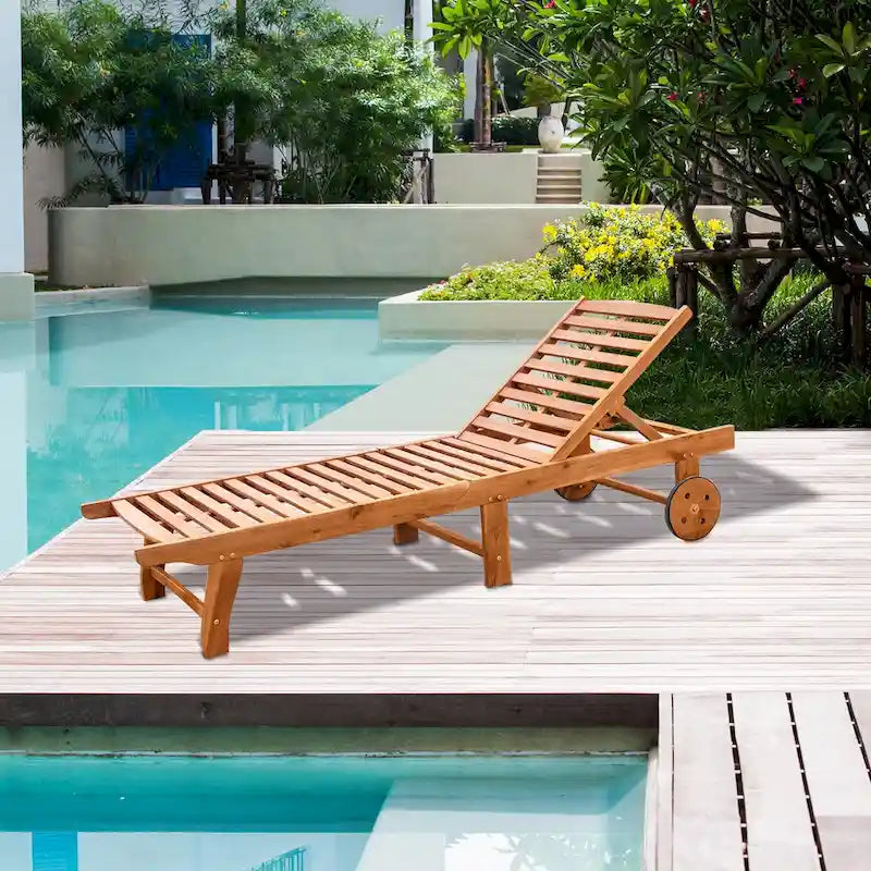 Outsunny Outdoor Folding Chaise Lounge Chair Recliner With Wheels, Acacia Wood Frame