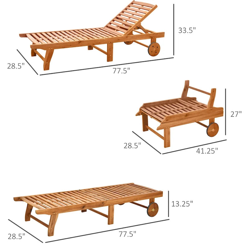 Outsunny Outdoor Folding Chaise Lounge Chair Recliner With Wheels, Acacia Wood Frame