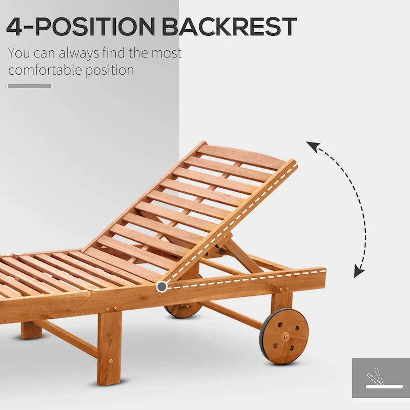 Outsunny Outdoor Folding Chaise Lounge Chair Recliner With Wheels, Acacia Wood Frame