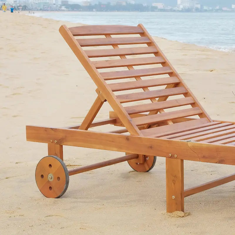 Outsunny Outdoor Folding Chaise Lounge Chair Recliner With Wheels, Acacia Wood Frame