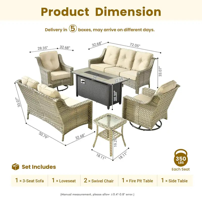 XIZZI 6-piece Patio Wicker Furniture Set with Fire Pit Table