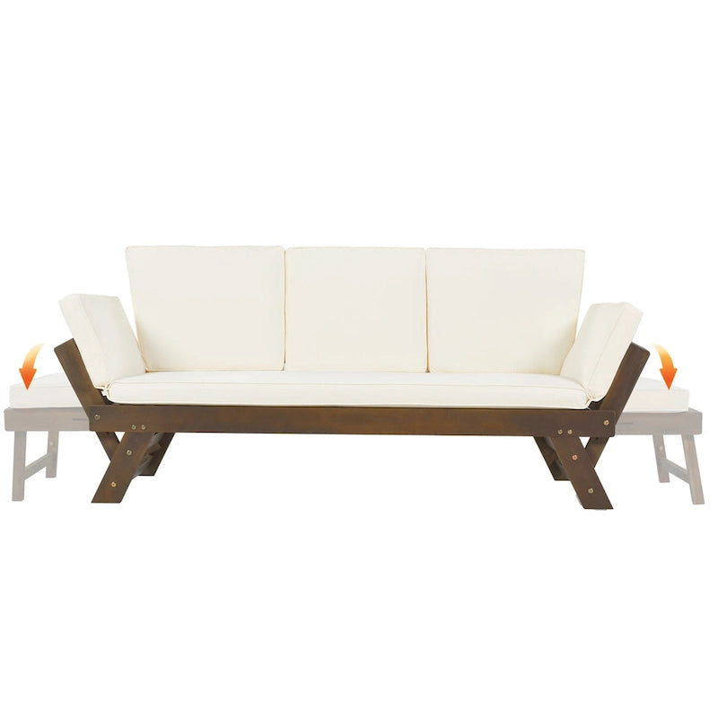 Outdoor Adjustable Patio Wooden Daybed Sofa Chaise Lounge with Cushions