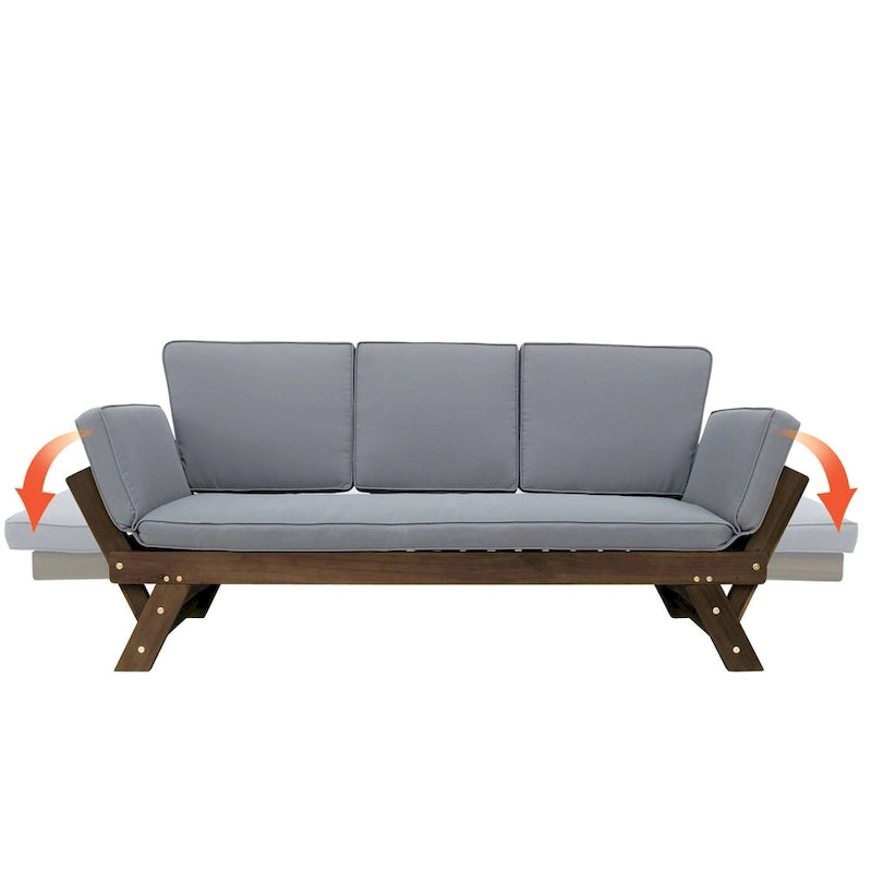 Outdoor Adjustable Patio Wooden Daybed Sofa Chaise Lounge with Cushions
