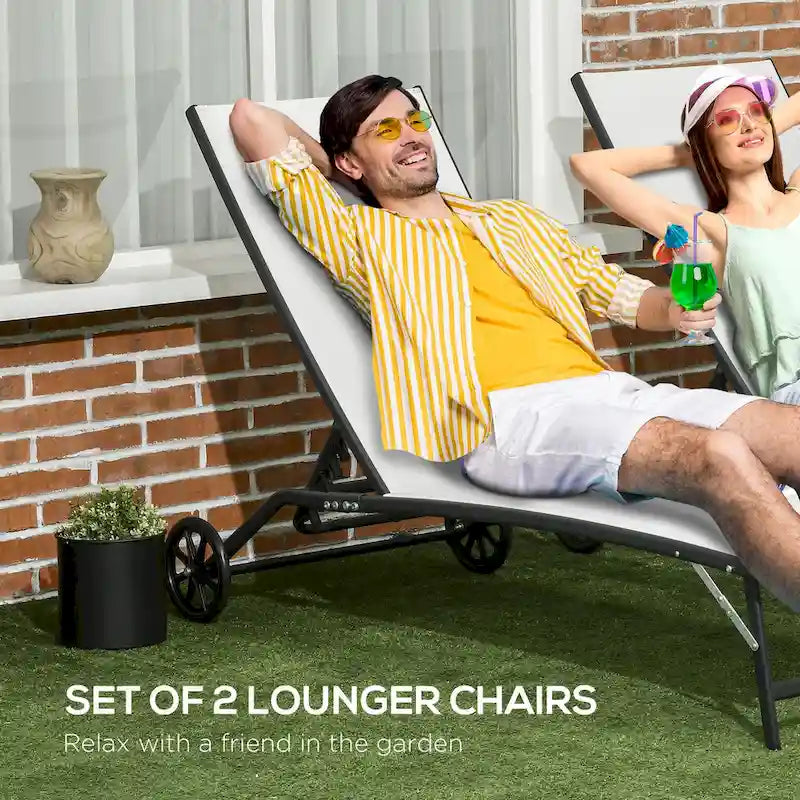 Chaise Lounge Outdoor, 2 Piece Lounge Chair With Wheels, Tanning Chair With 5 Adjustable Positions