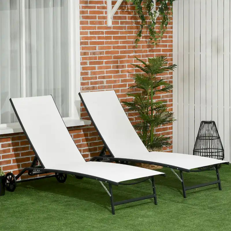 Chaise Lounge Outdoor, 2 Piece Lounge Chair With Wheels, Tanning Chair With 5 Adjustable Positions