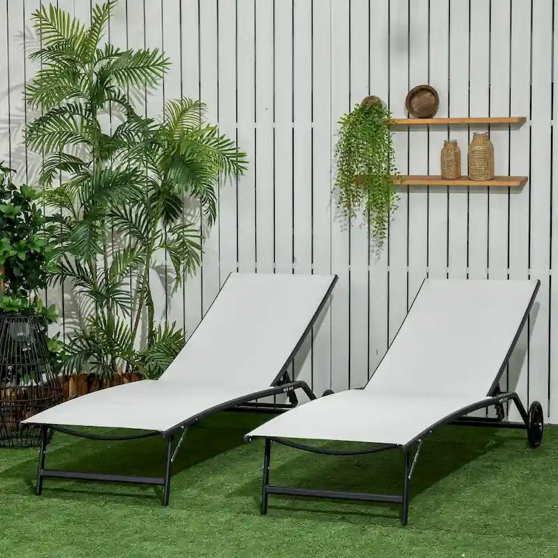 Chaise Lounge Outdoor, 2 Piece Lounge Chair With Wheels, Tanning Chair With 5 Adjustable Positions