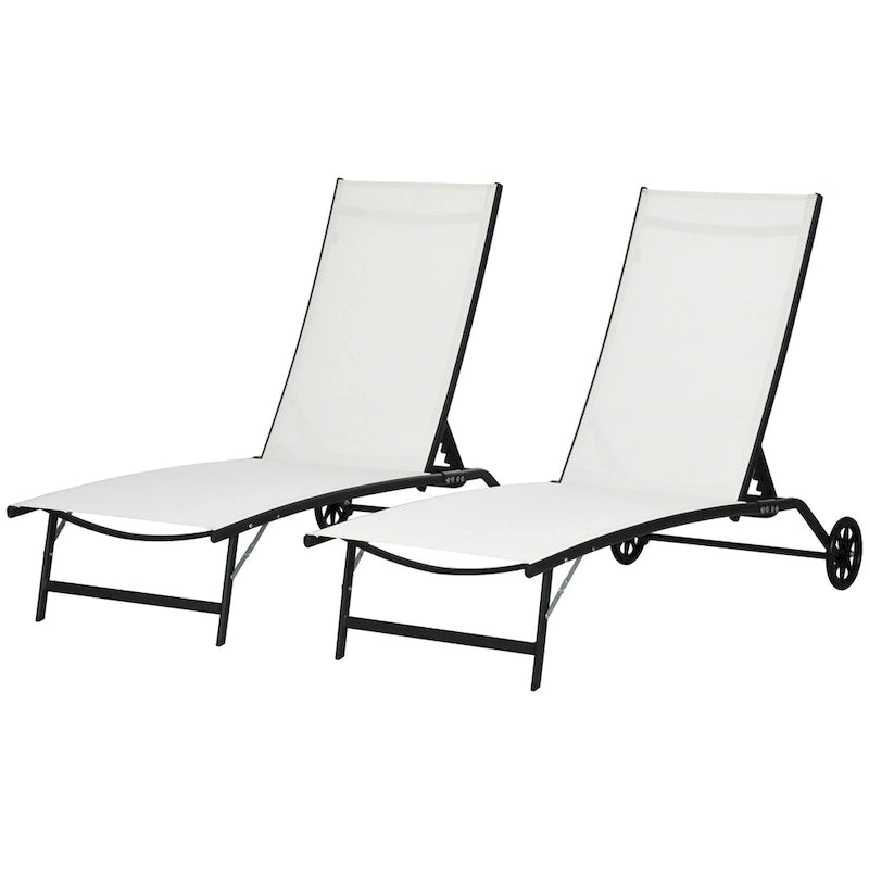 Chaise Lounge Outdoor, 2 Piece Lounge Chair With Wheels, Tanning Chair With 5 Adjustable Positions