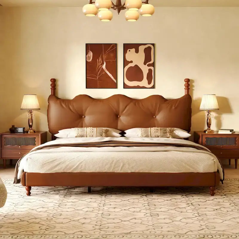 PU Leather Platform Bed with Button-Tufted Headboard & Wood Bedposts – Coffee, Queen / King / Cal King, Sleeps 2