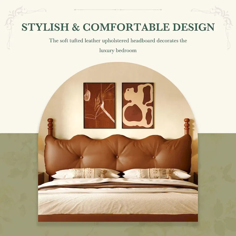 PU Leather Platform Bed with Button-Tufted Headboard & Wood Bedposts – Coffee, Queen / King / Cal King, Sleeps 2
