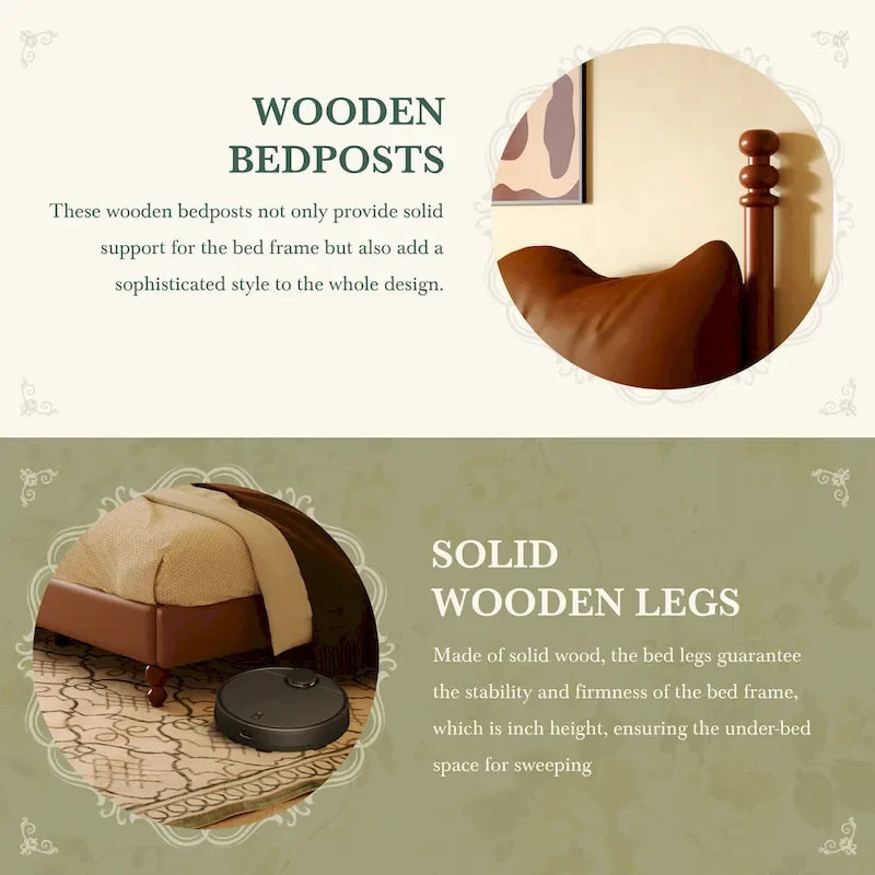 PU Leather Platform Bed with Button-Tufted Headboard & Wood Bedposts – Coffee, Queen / King / Cal King, Sleeps 2