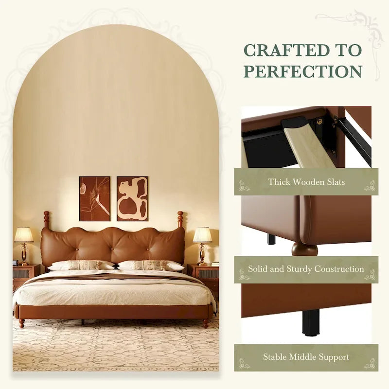 PU Leather Platform Bed with Button-Tufted Headboard & Wood Bedposts – Coffee, Queen / King / Cal King, Sleeps 2