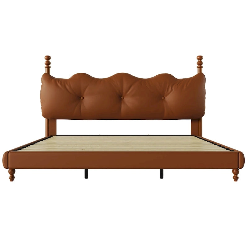 PU Leather Platform Bed with Button-Tufted Headboard & Wood Bedposts – Coffee, Queen / King / Cal King, Sleeps 2
