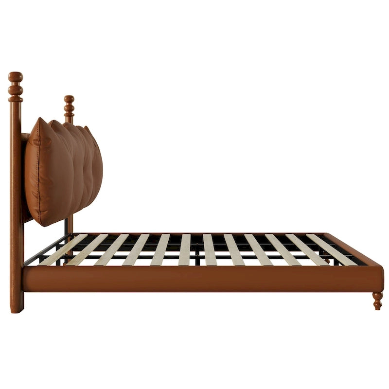 PU Leather Platform Bed with Button-Tufted Headboard & Wood Bedposts – Coffee, Queen / King / Cal King, Sleeps 2