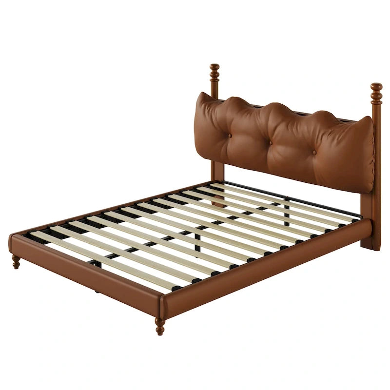 PU Leather Platform Bed with Button-Tufted Headboard & Wood Bedposts – Coffee, Queen / King / Cal King, Sleeps 2