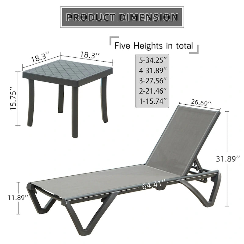 GDFStudio - Adrian Outdoor Aluminum Lounge Chair Set with Adjustable Backrest and Side Table
