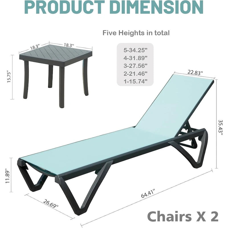 GDFStudio - Adrian Outdoor Aluminum Lounge Chair Set with Adjustable Backrest and Side Table