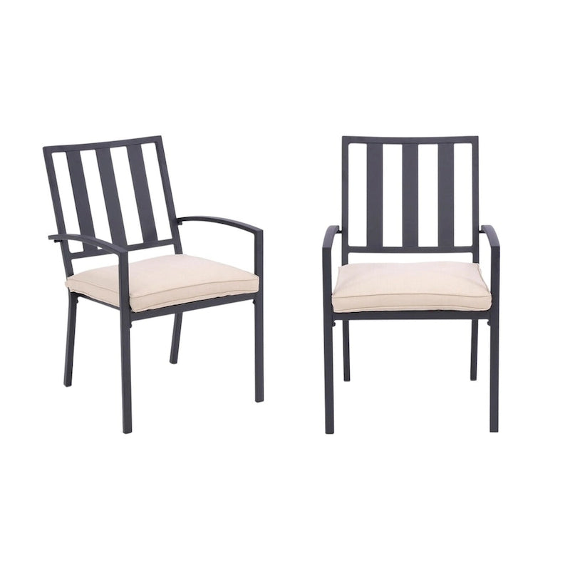 Set of Two Dark Gray Aluminum Outdoor Stacking Dining Chairs with Beige Cushion