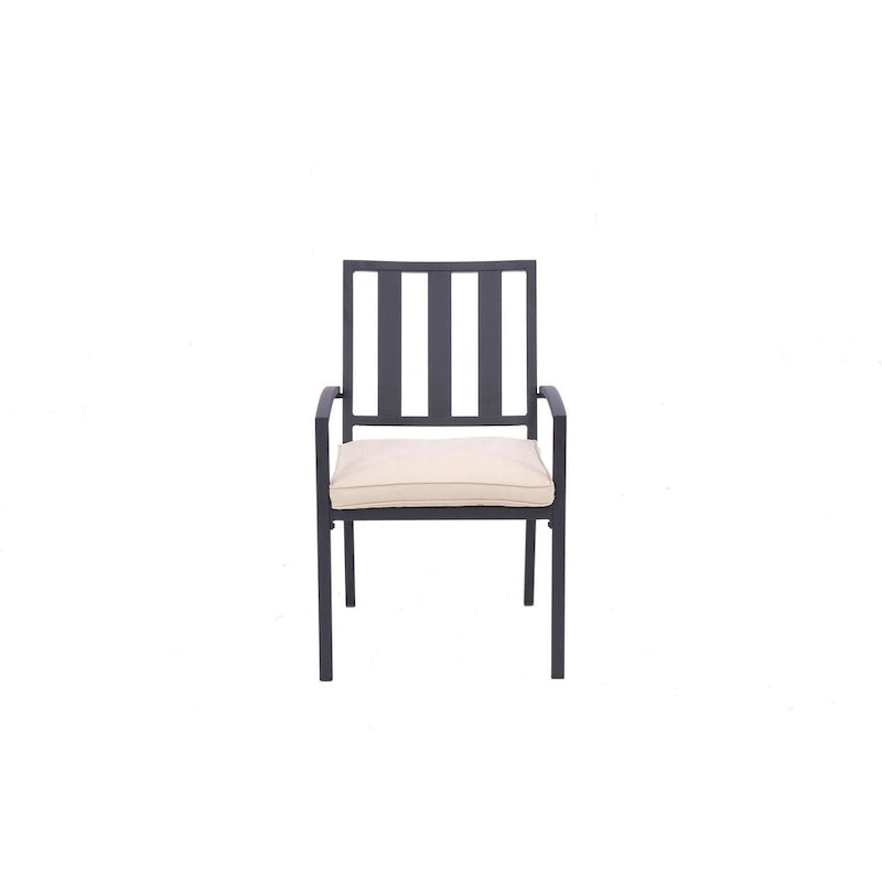 Set of Two Dark Gray Aluminum Outdoor Stacking Dining Chairs with Beige Cushion