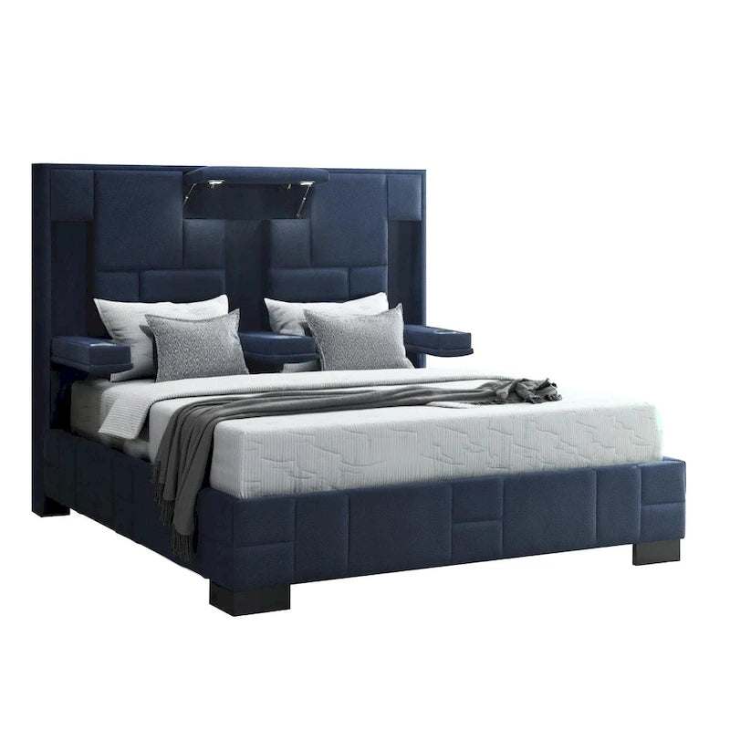 Queen Upholstered Bed Frame with LED Lighting & Bluetooth – Navy Blue / Black, Sleeps 2