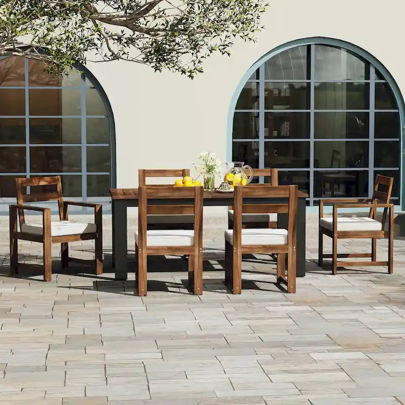 7 Piece Patio Table and Chairs Set, Wood Dining Table Set for 6 with Umbrella Hole, 2 Armchairs & 4 Side Chairs