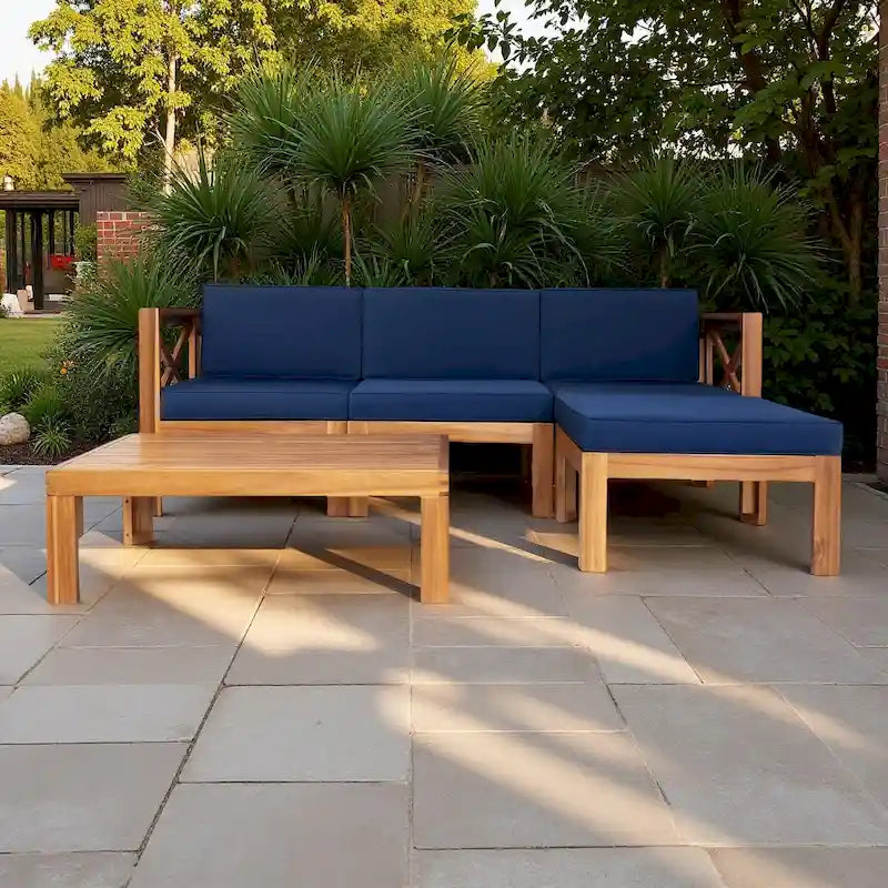 5-Piece Outdoor Patio Solid Wood Sectional Sofa with Coffee Table and Cushions