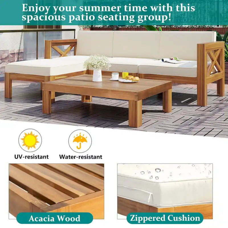 5-Piece Outdoor Patio Solid Wood Sectional Sofa with Coffee Table and Cushions