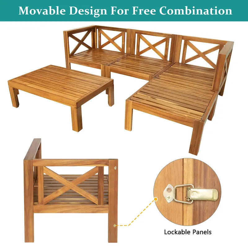 5-Piece Outdoor Patio Solid Wood Sectional Sofa with Coffee Table and Cushions