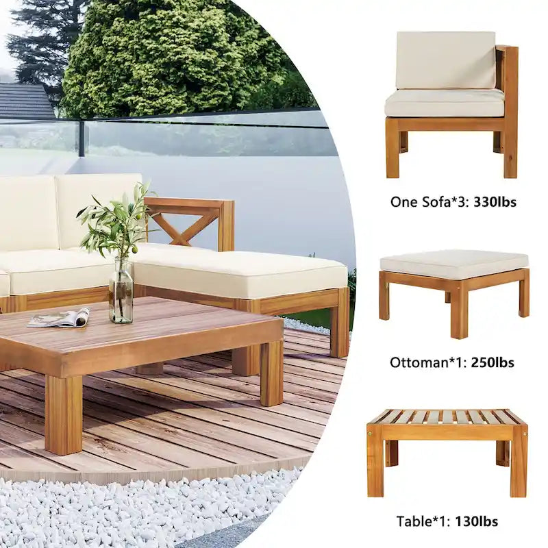5-Piece Outdoor Patio Solid Wood Sectional Sofa with Coffee Table and Cushions