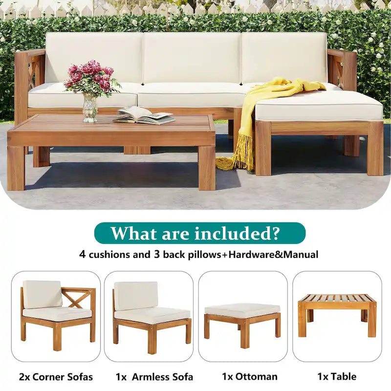 5-Piece Outdoor Patio Solid Wood Sectional Sofa with Coffee Table and Cushions