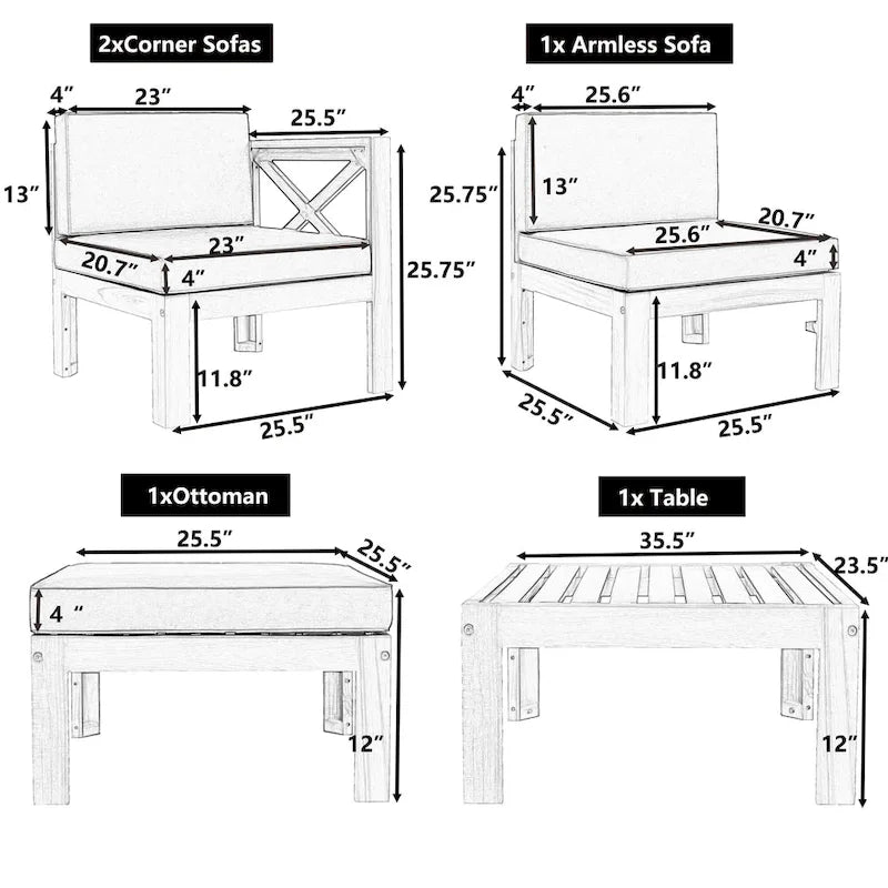 5-Piece Outdoor Patio Solid Wood Sectional Sofa with Coffee Table and Cushions