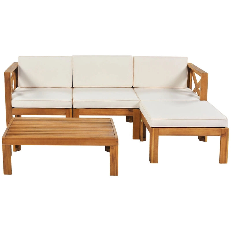 5-Piece Outdoor Patio Solid Wood Sectional Sofa with Coffee Table and Cushions